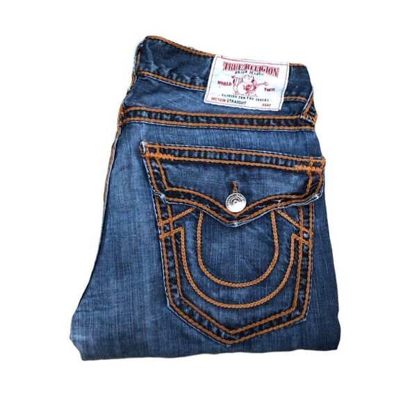 Rare True Religion Jeans Size 34 STRAIGHT ORANGE STITCH - Picture 9 of 15